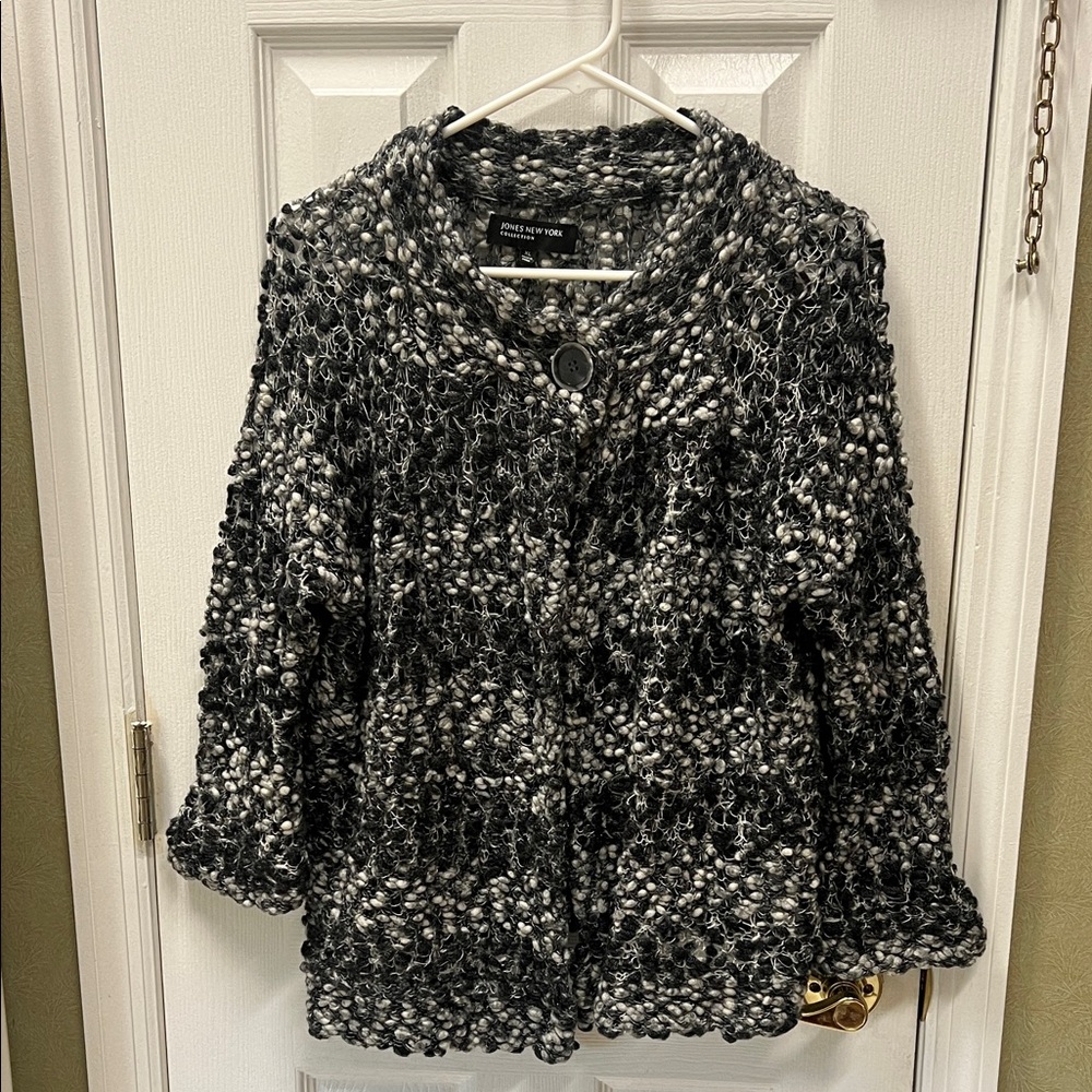 Jones New York Black and White Textured Teddy Jacket